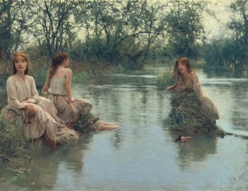 Prompt: peasant girls swimming in a river, cottage core, cinematic focus, polaroid photo bleached vintage pastel colors high - key lighting, soft lights, foggy, by steve hanks, by lisa yuskavage, by serov valentin, by tarkovsky, 8 k render, detailed, oil on canvas