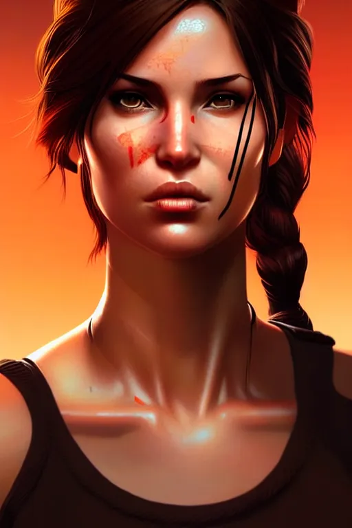 Image similar to lara croft portrait artwork by ilya kuvshinov, autumn natural lights