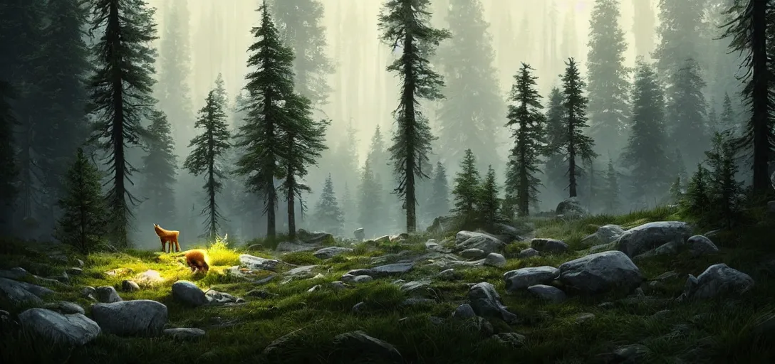 Image similar to beautiful render of a forest world, unreal engine, first light, pine trees, tall firs, rocky slopes, hidden caverns, bear, wolf, deer, fox, rabbits, birds, soft light, by greg rutkowski, cgsociety