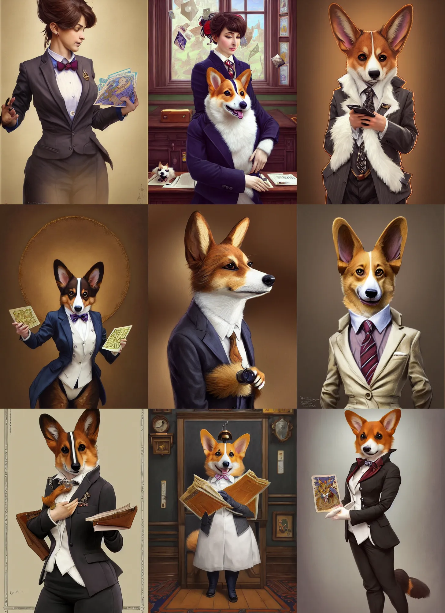 Prompt: full body photograph of a female anthropomorphic corgi fursona wearing a nice suit in a school classroom, deep focus, intricate, elegant, highly detailed, digital painting, artstation, concept art, matte, sharp focus, illustration, d & d, fantasy, hearthstone, art by artgerm and greg rutkowski and alphonse mucha