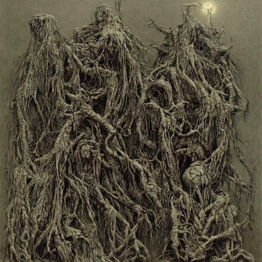 Image similar to darkwood, creature, vile, disgusting, rotten, nauseating, repugnant, disturbing, style of zdislaw beksinski