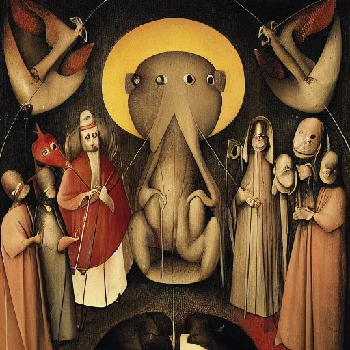 Prompt: Among Us imposter sus by Hieronymus Bosch