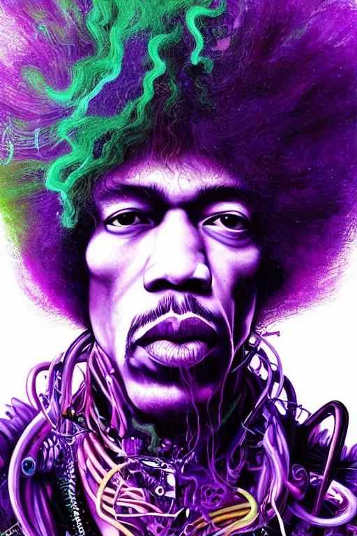 Image similar to A Weirdcore Mesmerizing 8k hyperrealistic portrait of cyberpunk Jimi Hendrix with neon hair, floating in spirals of iridescent mycelum, surrounded by purple haze, by Ayami Kojima, Daytoner, Greg Tocchini, James Jean,Yoshitaka Amano