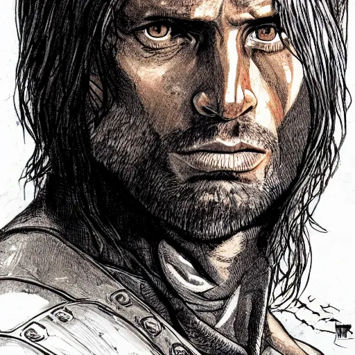 Prompt: precisely drawn illustration of Aragorn blended with Gregor Clegane, wide angle, sharp, fine details, French comic style, vibrant realistic colors, full color, heroic fantasy, intense line art, 8k, precise linework, realistic, in the style of Heavy Metal Comics and Richard Corben and Moebius