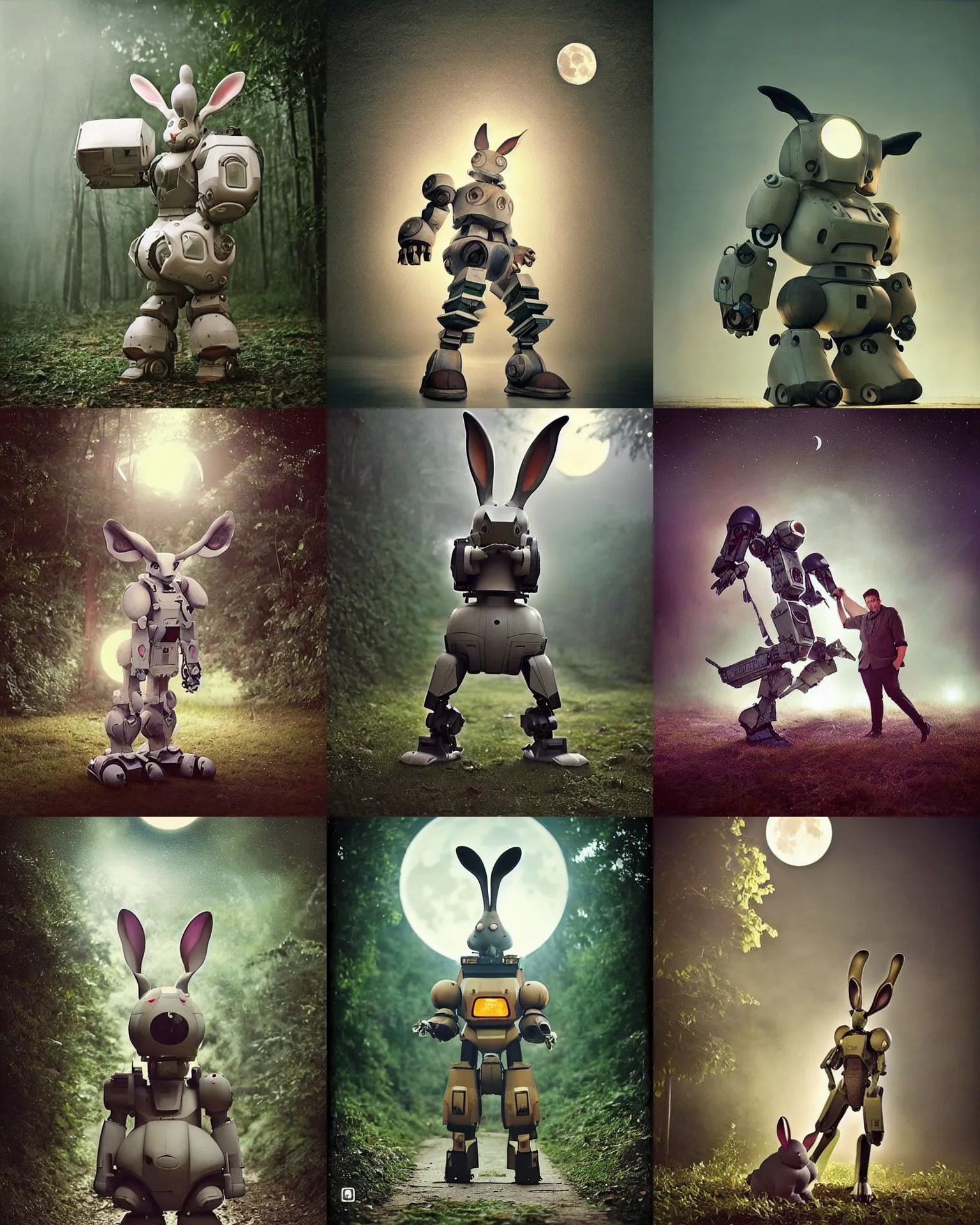 Prompt: dynamic pose !!!giant oversized battle rabbit robot chubby mech with big ears , on jungle night !!! , full body , Cinematic focus, Polaroid photo, vintage , neutral dull colors, soft lights, foggy , moon backlight, by oleg oprisco , by victor enrich , by gregory crewdson , by discovery channel , by most wanted