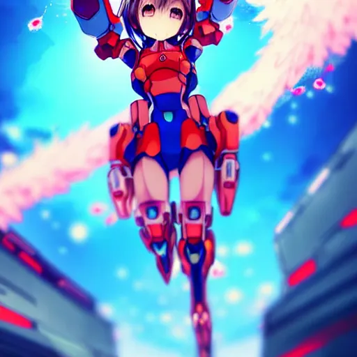 Image similar to digital anime art, wlop, rossdraws, sakimimichan, > > very small cute girl < < standing on a large table, red mech arms and red mech legs,