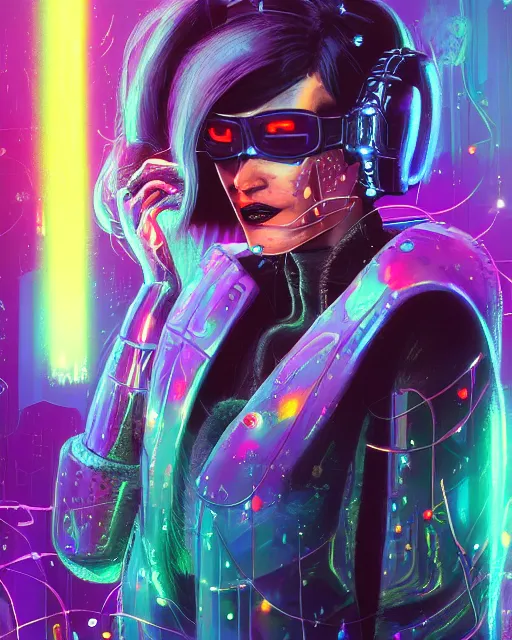 Image similar to a cyberpunk close up portrait of enchanting cyborg cruella de vil, electricity, rainbow, sparks, bokeh, soft focus, sparkling, glisten, water drops, cold, dark, geometric, temples behind her, by paul lehr, jesper ejsing