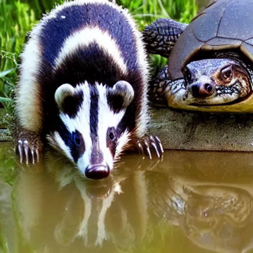 Prompt: badger and turtle drinking European beer together, realistic, nature photography