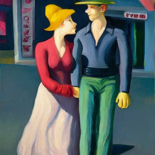 Prompt: the romantic insanity that is at the heart of all our relationships. In these paintings, we see couples who seem to be walking in circles, facing each other but never connecting. The viewer is left with an existential dread of love inspired by Edward Hopper and a feeling of emptiness that can only be understood as having been caused by these two figures' inability to connect on any level