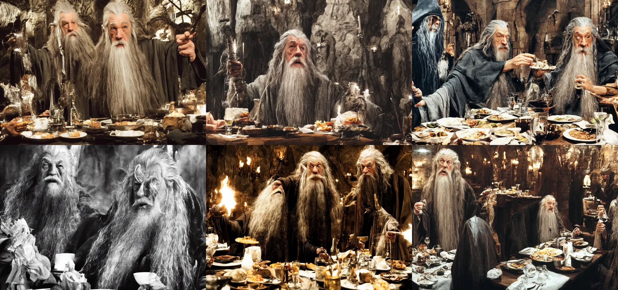 Prompt: gandalf the wizard eating at a four star restaurant with a group of mobsters