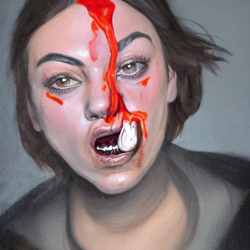 Image similar to terrifying portrait of Mila Kunis emerging from the dark void eating burger, face partially melting, figure in the darkness of renaissance, serving big macs, covered in ketchup,Francisco Goya, painted by John Singer Sargant, Adrian Ghenie, style of Francis Bacon, highly detailed, 8k, trending on artstation