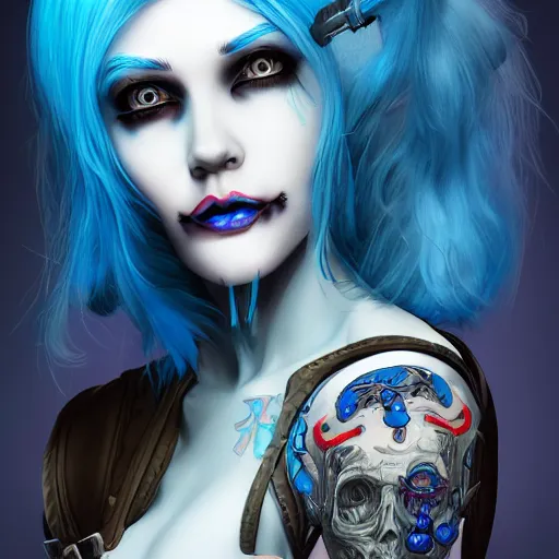 Prompt: a digital painting of a woman with blue hair with a skull on her face, cyberpunk art by joe fenton, zbrush central contest winner, pop surrealism, steampunk, zbrush, adafruit
