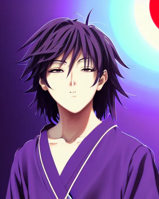 Image similar to anime style, vivid, expressive, full body, 4 k, painting, a young teenager boy with straight indigo hair, purple eyes with red eye markers, slim body, wearing a detailed japanese kimono. stunning, realistic light and shadow effects, centered, simple background, studio ghibly makoto shinkai yuji yamaguchi