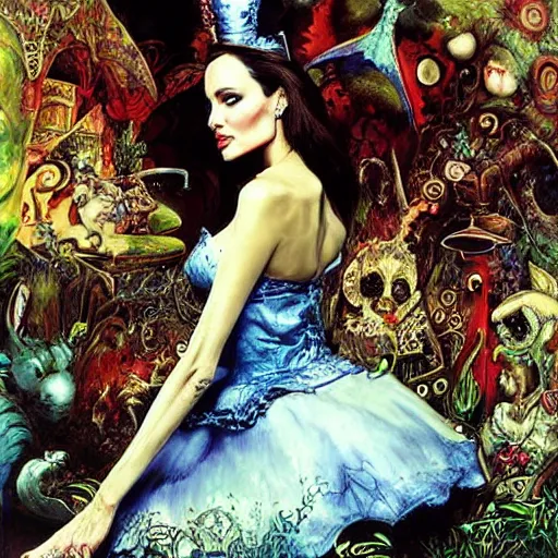 Image similar to angelina jolie in alice in wonderland tripping on lsd, intricate detail, painting, royo, frazetta, whealan,