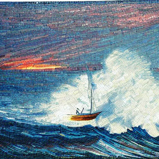 Image similar to sailing boat in storm, dramatic sunrise, huge waves, mosaic,