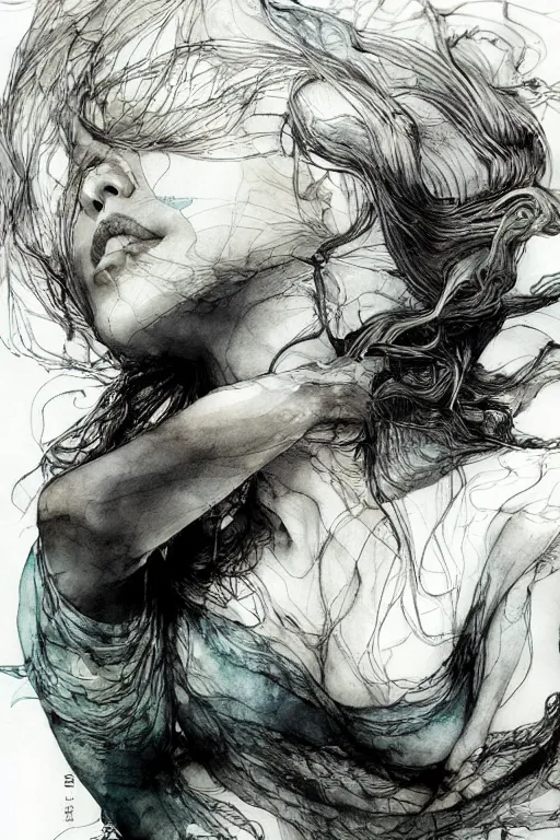 Prompt: Her skin was made of poetry that my fingers couldn't wait to read, pen and ink, intricate line drawings, by Yoshitaka Amano, Ruan Jia, Kentaro Miura, Artgerm, watercolor