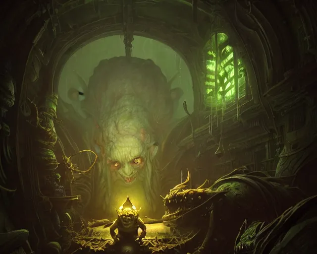 Image similar to 4 k cinematic still portrait of a goblin in a dark liminal space room, nurgle, deep focus, d & d, fantasy, intricate, repulsive, highly detailed, digital art, art station, concept art, matte, sharp focus, illustration, dark fantasy art, hearthstone, art by artgerm and greg rutkowski and alphonse mucha