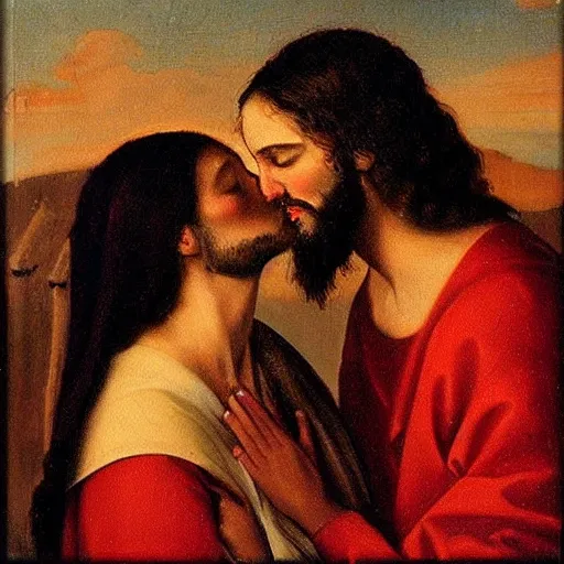 Image similar to 1 8 th oil panting of a jesus kissing a woman