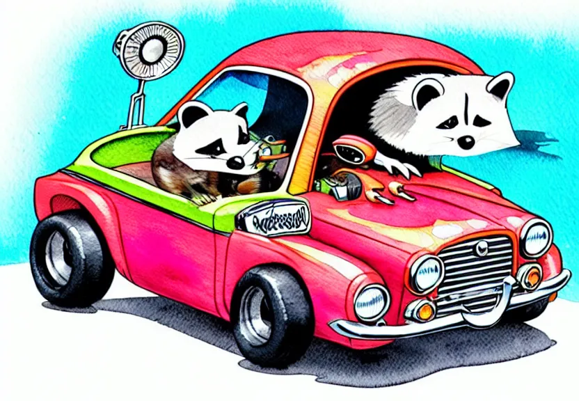 Image similar to cute and funny, racoon riding in a tiny hot rod coupe with oversized engine, ratfink style by ed roth, centered award winning watercolor pen illustration, isometric illustration by chihiro iwasaki, edited by range murata