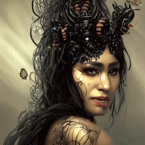 Prompt: a portrait of a young mexican woman, angry, with larvae crawling on skin, wearing an elaborate black dress, in the style of sergeant, artgerm, and ruan jia, blue backlighting, beautiful, trending on artstation, high detail, intricate texture