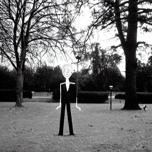 Image similar to slenderman standing in a park where kids are playing, cctv, old picture