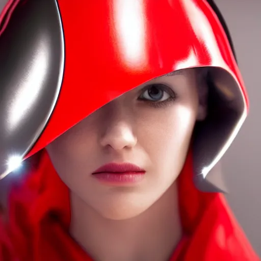 Image similar to headshot of a beautiful female soldier in glossy sleek white armor and a long red cape, looking up at camera, determined expression, no helmet, on the surface of mars, night time, cinematic, sci-fi, hyperrealistic