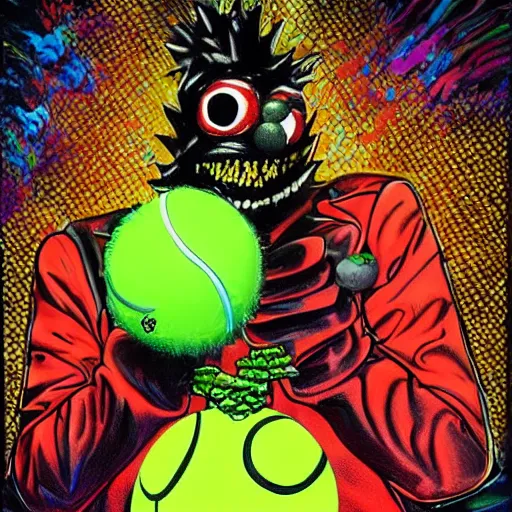 Image similar to a tennis ball monster rapper, hip hop, digital art, fantasy, magic, trending on artstation, ultra detailed, professional illustration by Basil Gogos