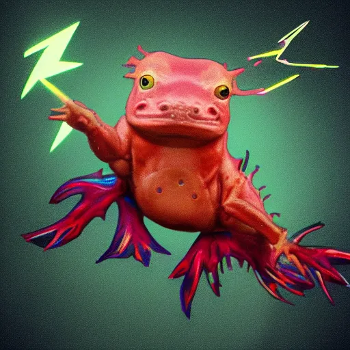 Image similar to an axolotl with an earring in the shape of a lightning bolt, digital art, trending on artstation