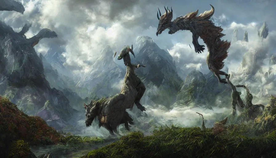 Prompt: excellent painted mythical creature in a surreal landscape in another dimension with fluffy clouds, painted by Hans Fredrik Gude, Greg Rutkowksi, Craig Mullins and Artgerm, concept art 2022, 4k, ultra realistic highly detailed oil painting