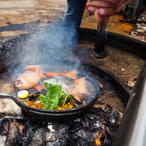 Prompt: holding a skillet with a fish inside above a small garbage fire, first person view, pov, 40mm photo