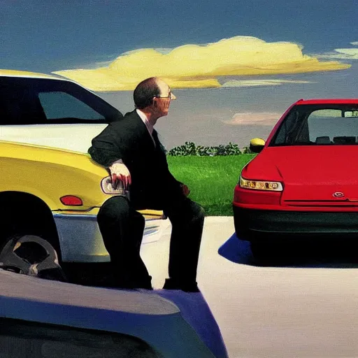 Prompt: larry david sitting on roof of 2009 prius, edward hopper painting