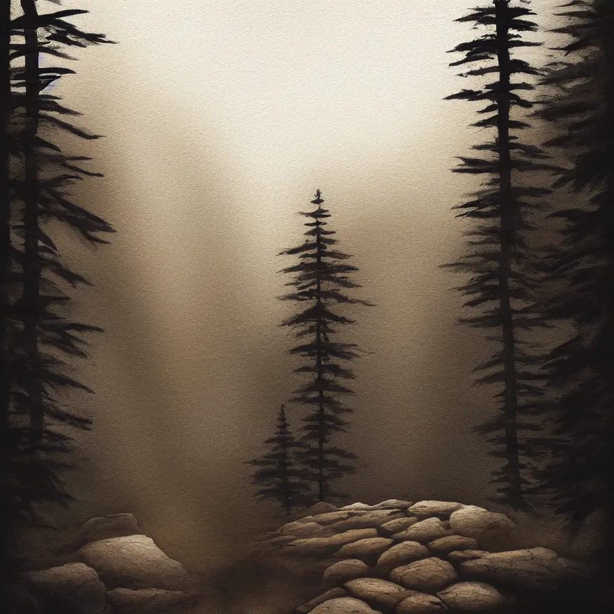 Image similar to abstract black watercolour artwork of a stone path leading down the horizon through giant pine forests down a rocky mountain coast towards a majestic sunset. atmospheric foggy landscape, soft sepia tones, psychedelic, ultra realistic, concept art, modern art, photorealistic, octane render.