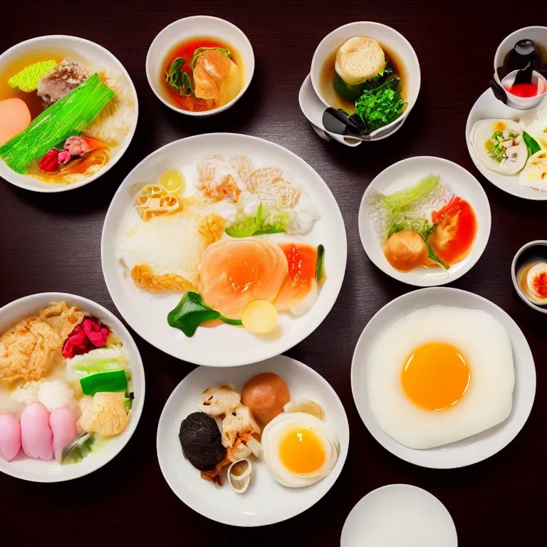 Prompt: close - up focused dslr photograph of a japanese breakfast, 8 k, high detail, volumetric lighting, hyperrealism, aesthetically pleasing, studio lighting, trending