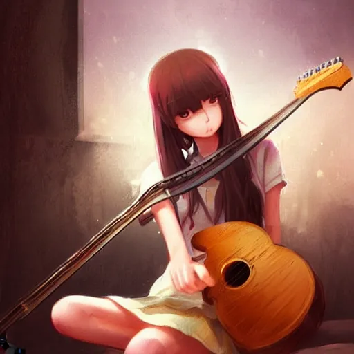 Image similar to anime girl Playing the 🎸 instrument , digital Art, Greg rutkowski, Trending cinematographic artstation