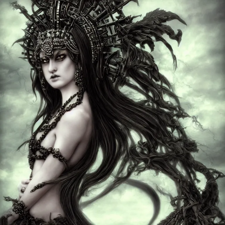 Image similar to perfectly centered close up portrait, candid photography, goddess of death, by anne stokes, updo, highly detailed, accurate