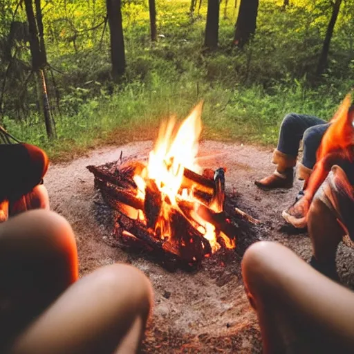 Image similar to angles in heaven looking down onto 6 people around a campfire on earth, dreamy