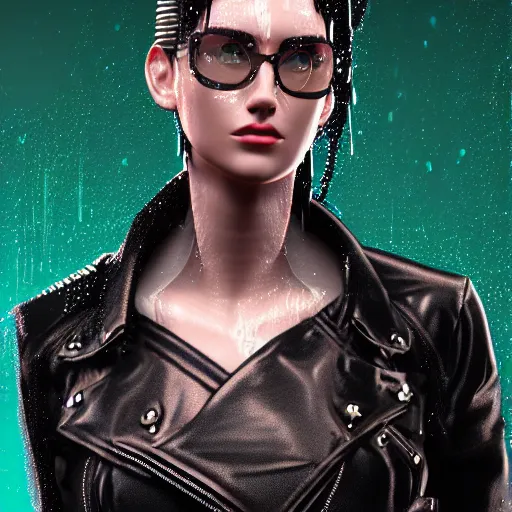 Image similar to stylish woman cartoon portrait made out of rain, leather jacket, cyberpunk background, rendered in octane, unreal engine, highly detailed, trending on artstation, realistic, neon, beautiful