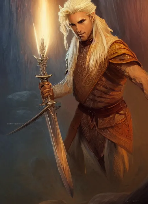 Prompt: male priest blonde parted hair healer, dndbeyond, bright, colourful, realistic, dnd character portrait, full body, pathfinder, pinterest, art by ralph horsley, dnd, rpg, lotr game design fanart by concept art, behance hd, artstation, deviantart, global illumination radiating a glowing aura global illumination ray tracing hdr render in unreal engine 5