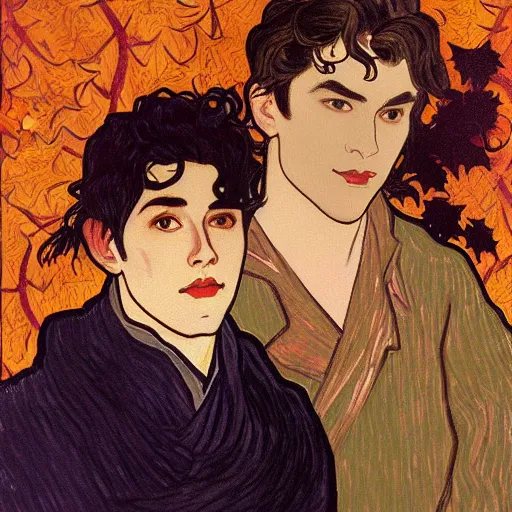 Prompt: painting of young cute handsome beautiful dark medium wavy hair man in his 2 0 s named shadow taehyung and cute handsome beautiful min - jun together at the halloween jack o lantern party, melancholy, autumn colors, elegant, painting, stylized, witchcraft, gorgeous eyes, soft facial features, delicate facial features, art by alphonse mucha, vincent van gogh, egon schiele