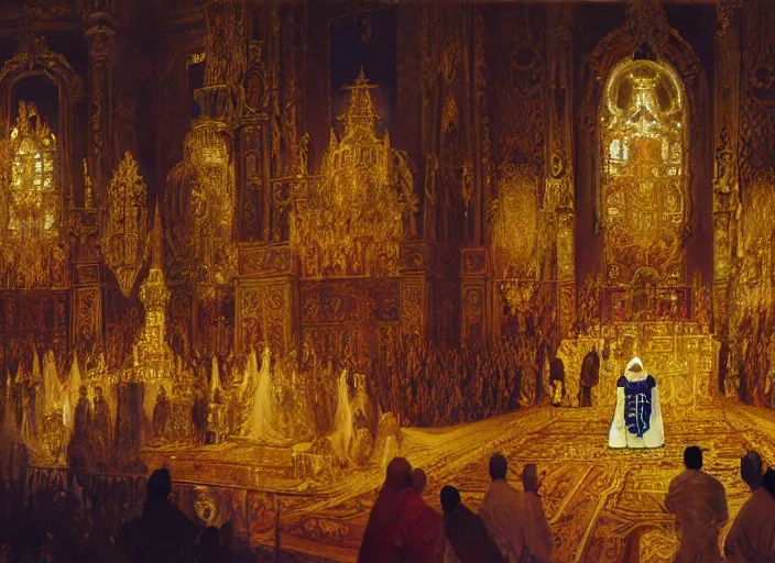 Image similar to worship of the pope, royal robe, gold trim, demons, mysticism, light effect, hyper detailed, intricate, atmospheric, elegant, photorealistic by paul lehr, hyper - real