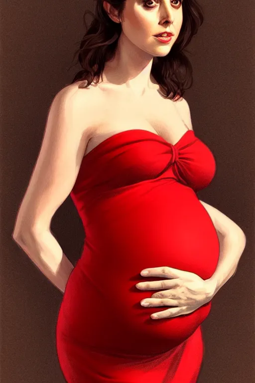 Prompt: pregnant alison brie in a red dress, realistic portrait, symmetrical, highly detailed, digital painting, artstation, concept art, smooth, sharp focus, illustration, cinematic lighting, art by artgerm and greg rutkowski and alphonse mucha