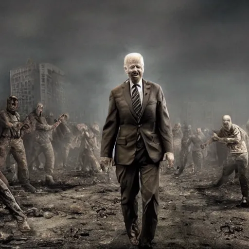 Prompt: joe biden as a zombie in a communist post apocalyptic war zone full of zombie soldiers, hyper realistic, 4k, octane rendering