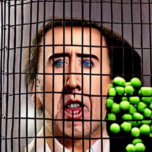 Image similar to nicolas cage trapped in a wicker cage being covered in peas, screaming