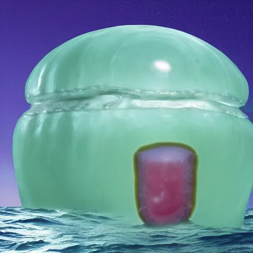 Prompt: a giant squashed jelly head in the middle of the ocean with a disturbing and funny profile at the same time