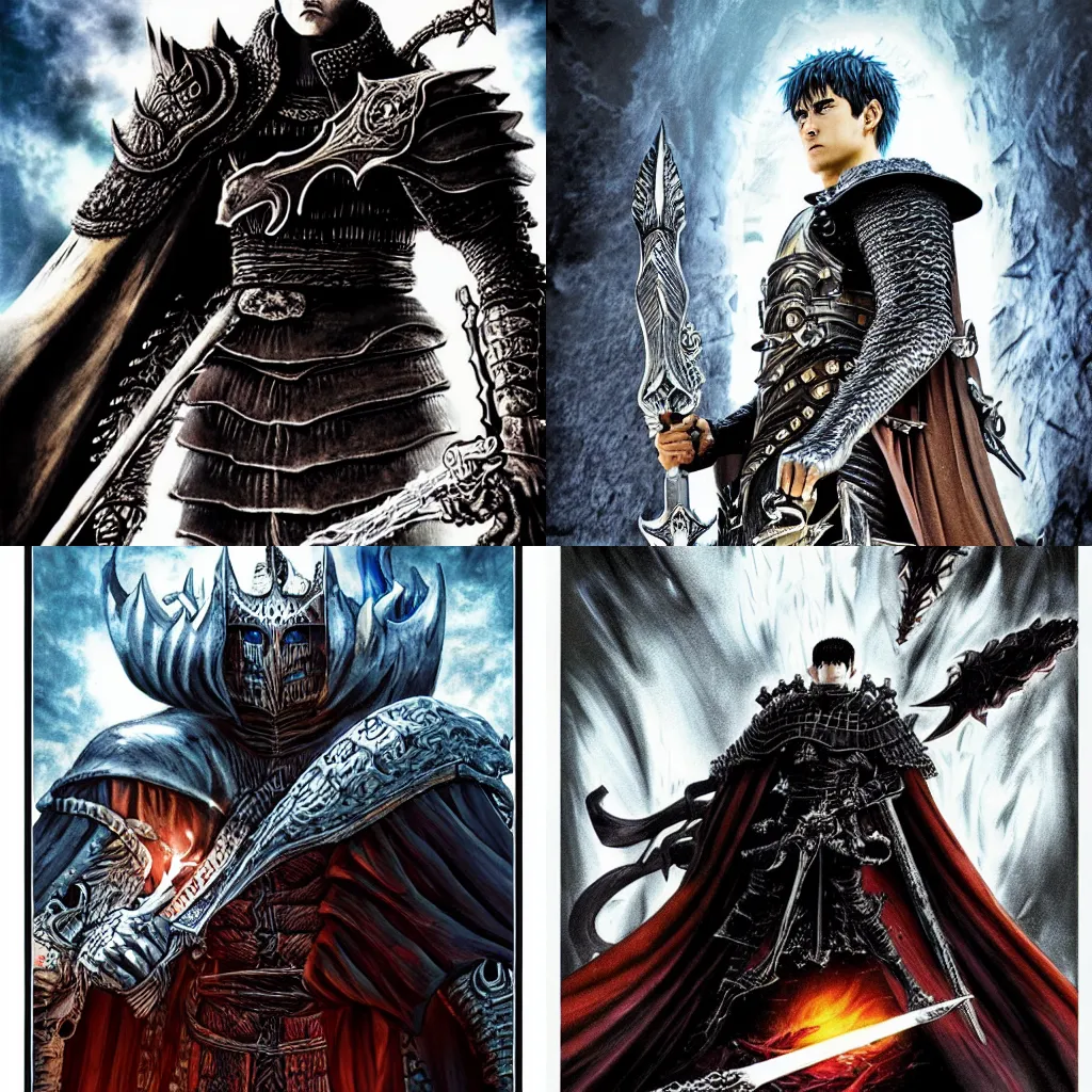 Prompt: Guts from berserk is the lich king, poster.