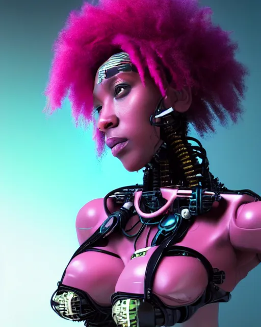 Image similar to portrait of a beautiful black woman with pink hair as a cyberpunk cyborg half robot, revealing wires and electronics, sci - fi, missing panels, intricate abstract upper body intricate artwork, concept art, octane render, deviantart, cinematic, key art, hyperrealism, iridescent accents, portrait photograph, nikon 3 5 mm, photograph by greg rutkowski