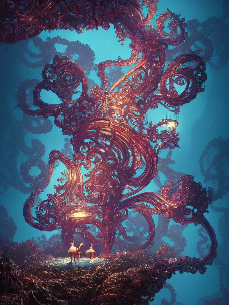 Image similar to macro, candy creature in candyland, water reflection, night, backlit, warm tones, bioluminescent : by michal karcz, daniel merriam, victo ngai and guillermo del toro : ornate, dynamic, particulate, intricate, elegant, highly detailed, centered, artstation, smooth, sharp focus, octane render