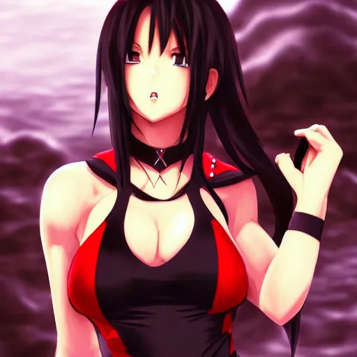 Prompt: portrait of tifa lockhart standing by a river, black and red colors, anime fantasy illustration by tomoyuki yamasaki, kyoto studio, madhouse, ufotable, trending on artstation