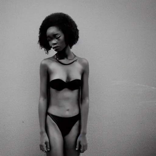 Image similar to a beautiful gorgeous black edgy model girl with short hair, bikini, she's sad, sunset, street of hong kong, 8 0 mm lens, 1. 2 aperture, kodak 5 2 1 9, grainy image, close up, cinematic light, very detailed, depressing atmosphere, cover magazine