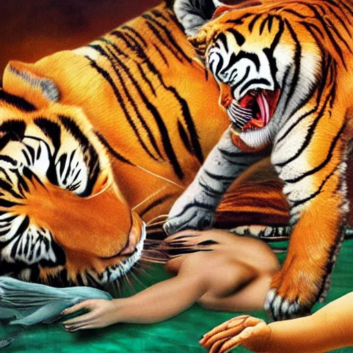 Image similar to Tiger pouncing on a woman lying on a bed of fish, surrealism, abstract, hyper realistic, intricate details, soft lighting